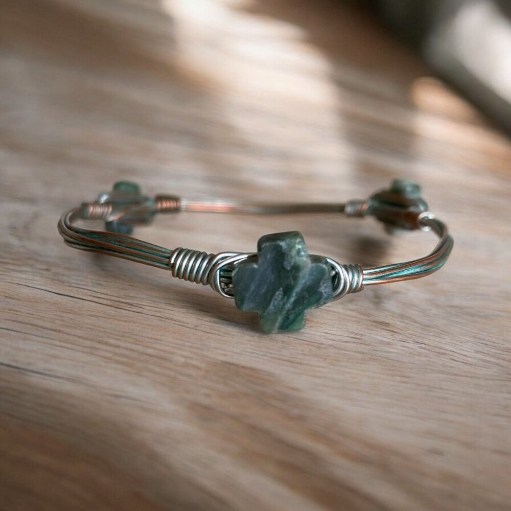 Handcrafted Wire Bangle With Green Jade Stone Cross Accents